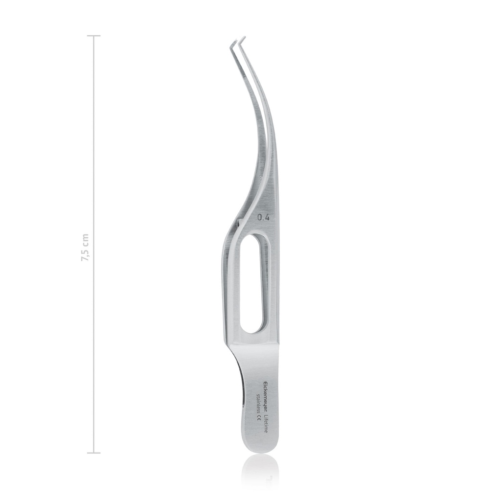 Pinza de iris/sutura BARRAQUER (Colibri), 0,4 mm, L 7,5 cm, 1 x 2 dientes, 45°, con plataforma