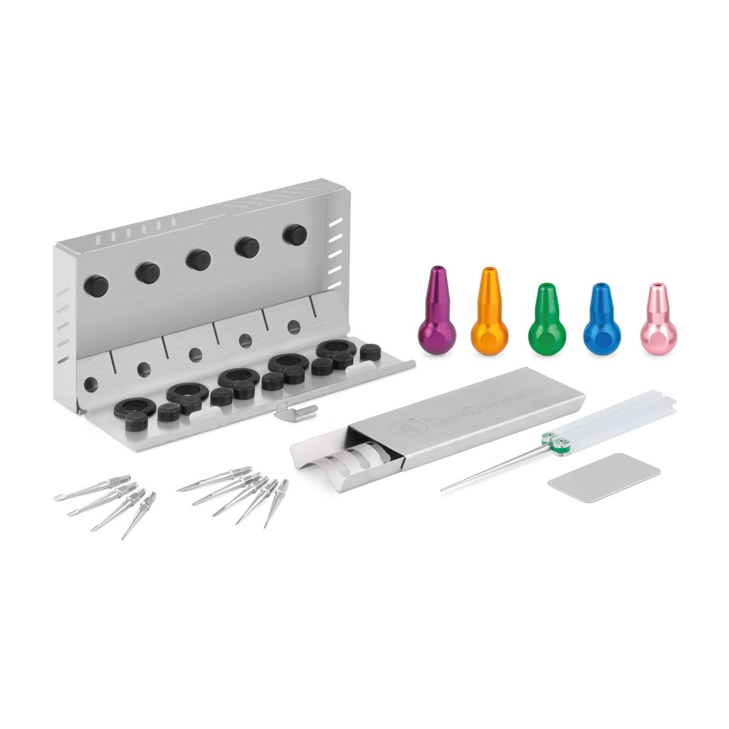[175072] DENTANOMIC KIT – Oro Mixto, compuesto por 3 mangos cortos (verde, azul y rosa) + 2 mangos largos (morado, naranja) + set de hojas elevadoras y luxadoras (9 piezas) + gradilla de almacenamiento + set de pulido + contenedor de esterilización