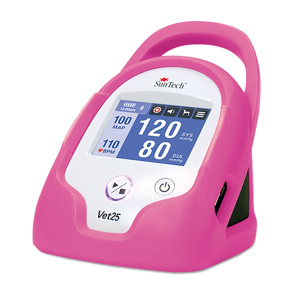 Tensiomètre rose SunTech VET25, comprenant 6 brassards, un tuyau de mesure, un adaptateur secteur, une batterie Li-ion et un étui de protection.