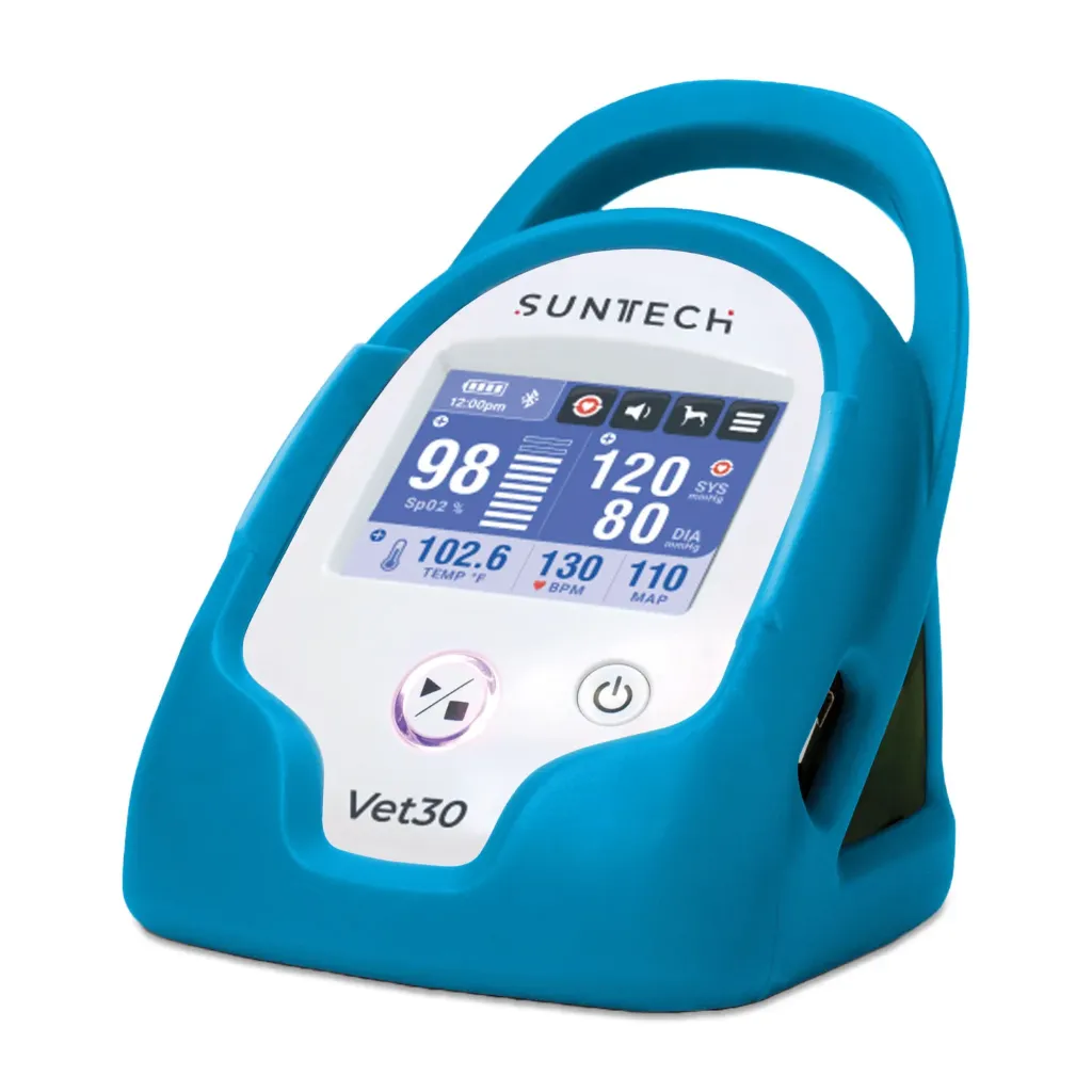 SunTech VET30 vérnyomásmérő, kék, 6 mandzsettával, SpO₂-érzékelővel, hőmérséklet-szondával, vérnyomáscsővel, hálózati tápegységgel, lítiumion-akkumulátorral és védőtokkal