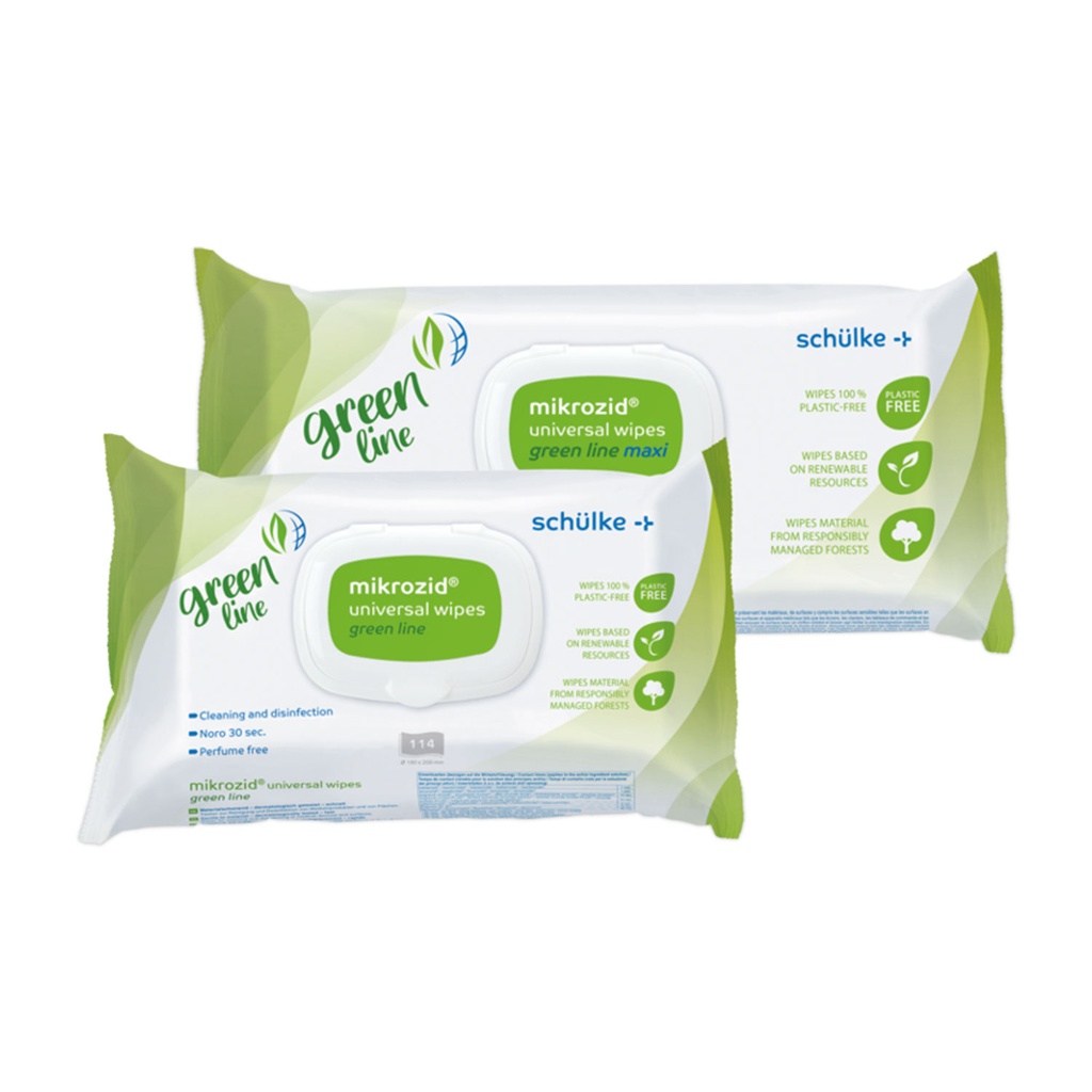 [307350] Schülke mikrozid® Toallitas universales línea verde 114 piezas, toallitas con bajo contenido en alcohol, pero de acción rápida y amplia para todas las superficies