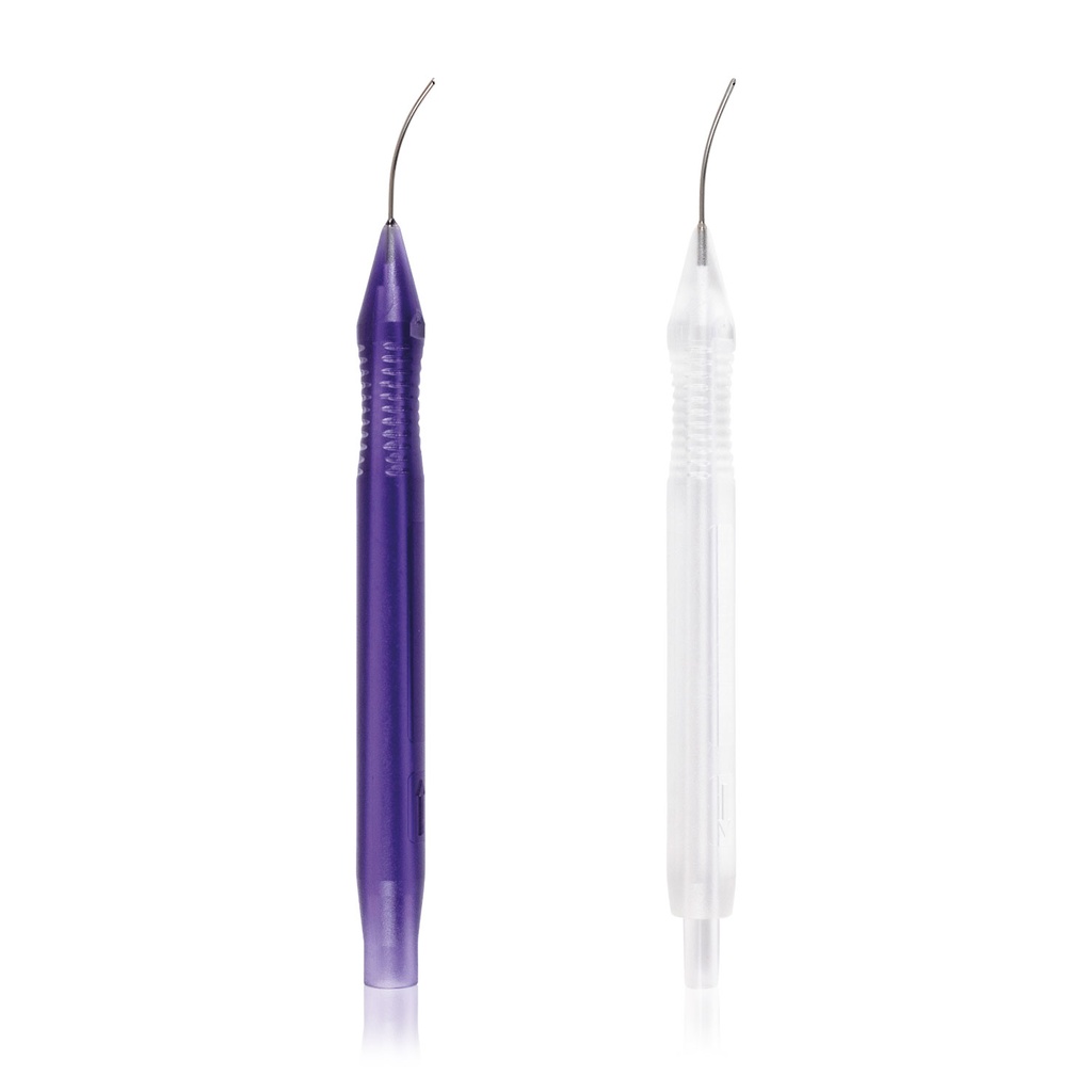 [329074] Sistema Bimanual I/A Desechable, cánulas curvas 22G (1 salida bilateral del mango de irrigación ø 0,45 mm / 1 salida del mango de aspiración ø 0,35 mm, punta rugosa)