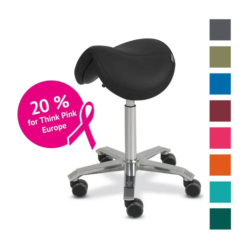 Sillón de tratamiento SCORE, asiento tipo silla de montar tapizado, ajuste de altura de 59 a 77 cm