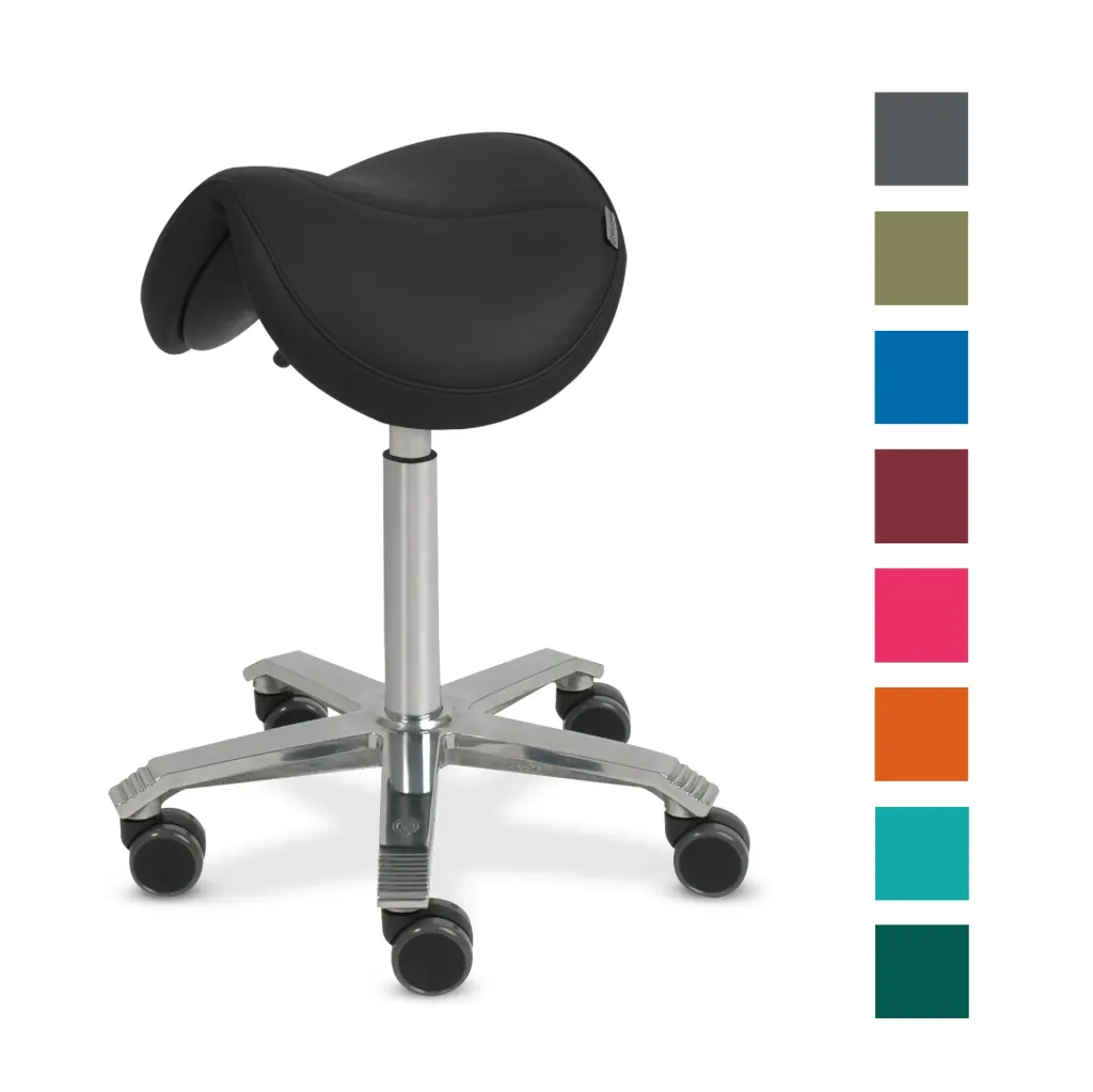 [6101010003] Sillón de tratamiento SCORE, asiento tipo silla de montar tapizado, ajuste de altura de 59 a 77 cm (JUMPER, ancho del asiento 44 cm, Negro, sin equilibrio, sin soporte lumbar)
