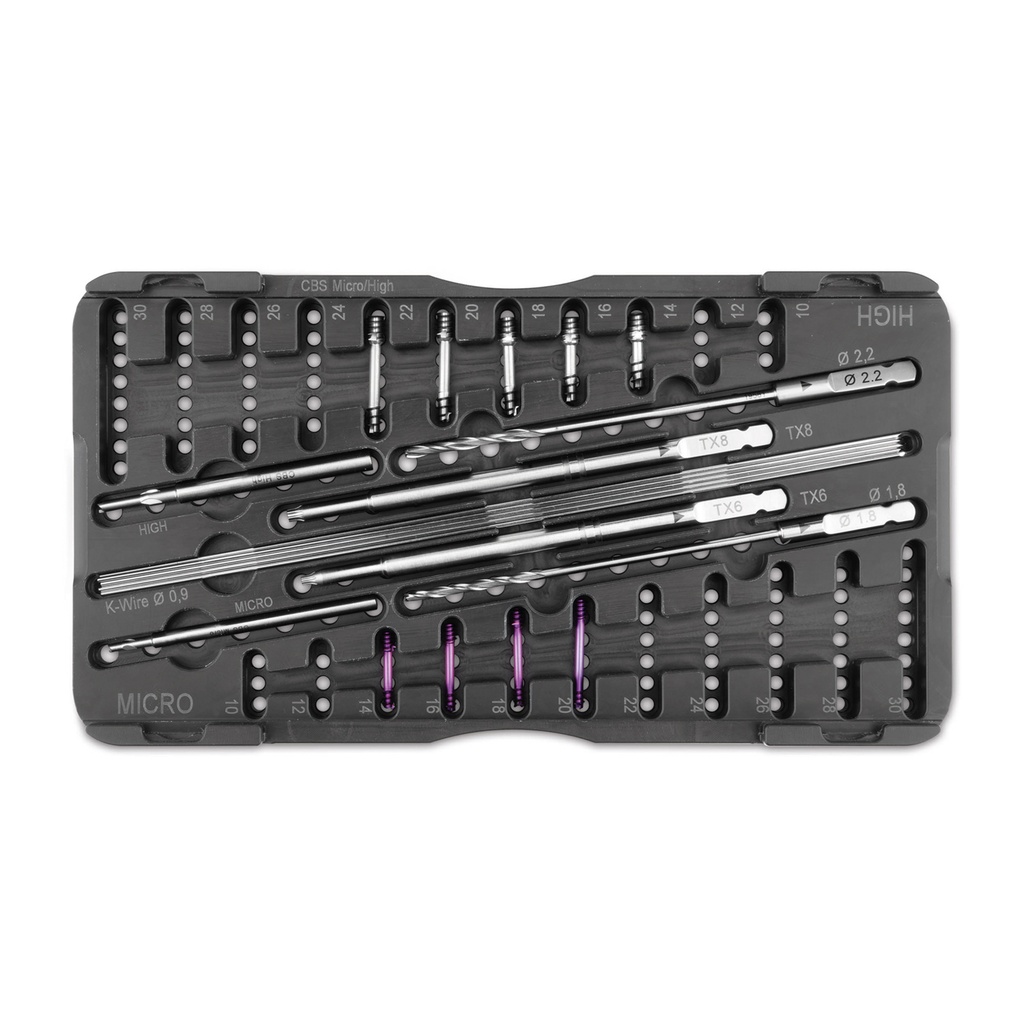 [191465] Vis CBS Micro/Haute Compression - Kit pour chats de petite race, comprenant : 4 vis Ø3,0 mm (14-20 mm), 5 vis Ø4,0 mm (14-22 mm) ; lames de tournevis canulées TX 6 et TX 8 ; fraise canulée Ø3,0/Ø4,0 mm ; 5 broches de Kirschner rondes Ø 0,9 x 150 mm
