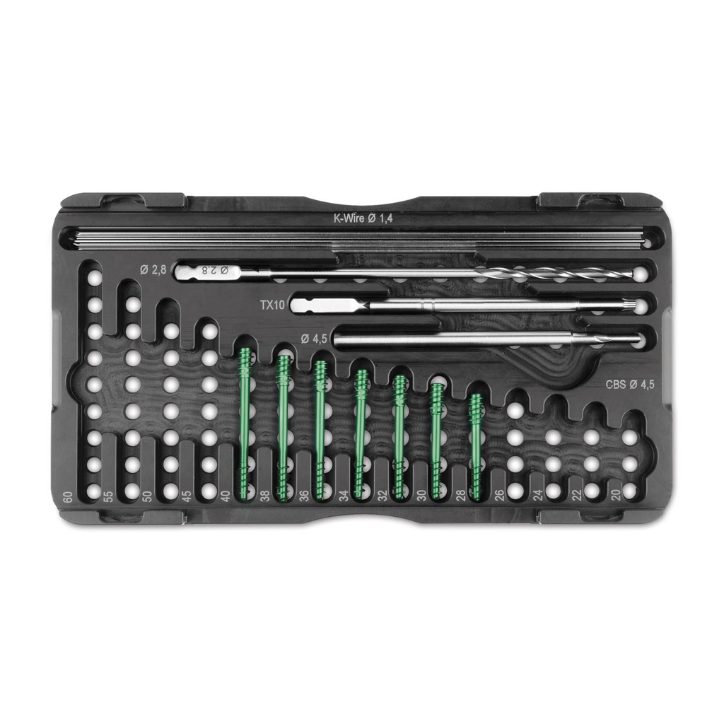 CBS 4.5 kanülált kompressziós csavarkészlet kis testű kutyák számára, tartalma: 6 db csavar (28–40 mm hosszúságban), valamint 1 db spirálfúró Ø2,8 mm