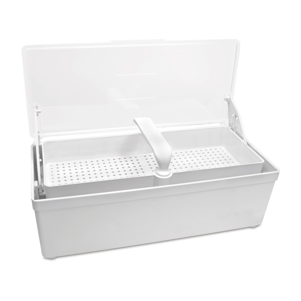 Plateau de désinfection pour endoscopes, avec panier tamis et couvercle transparent, 1 l Dimensions : 26,5 x 11,5 x 8,5 cm