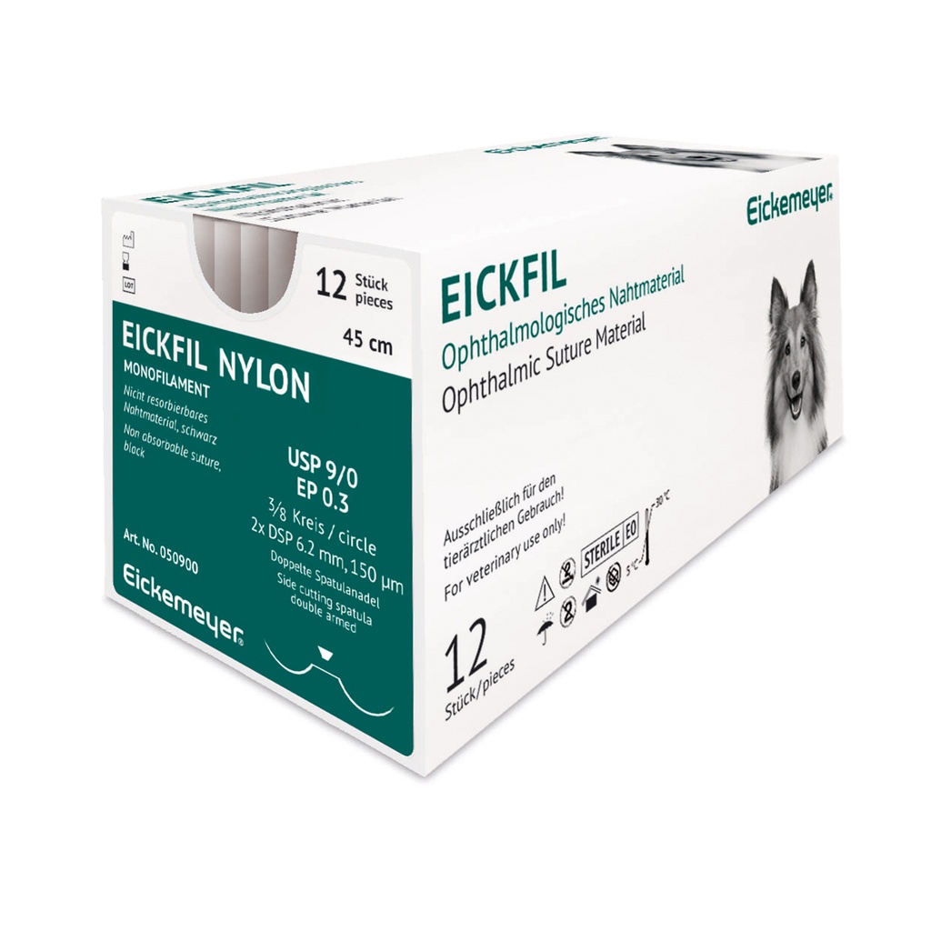 [050900] Fil EICKFIL Nylon, USP 9/0, EP 0,3, 3/8 C 2xDSP 6,2 mm 150 µm, aiguille double spatule noire, 45 cm, boîte de 12 fils