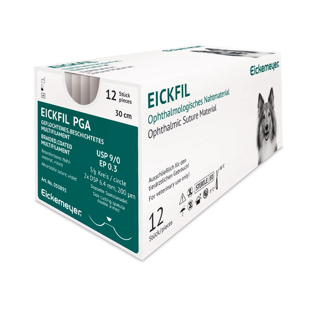 [050895] EICKFIL PGA, USP 9/0, EP 0.3, 3/8 circ. 2xDSP 6.4 mm 200 µm, double spatula needle violet, 30 cm, box of 12 threads