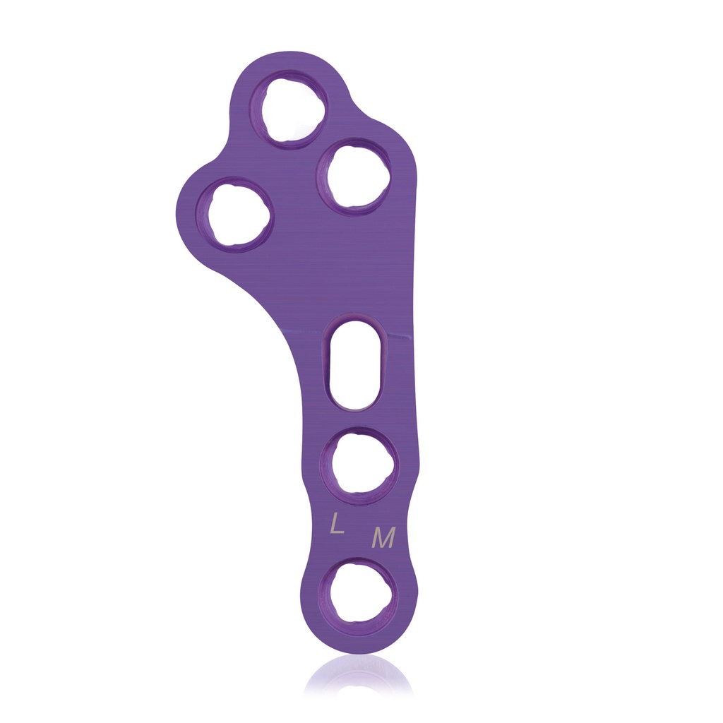 [187772] Placa de bloqueo EickLoxx TPLO M, izquierda de 3/3 orificios, 46 mm Ø2,7/3,5, magenta, titanio