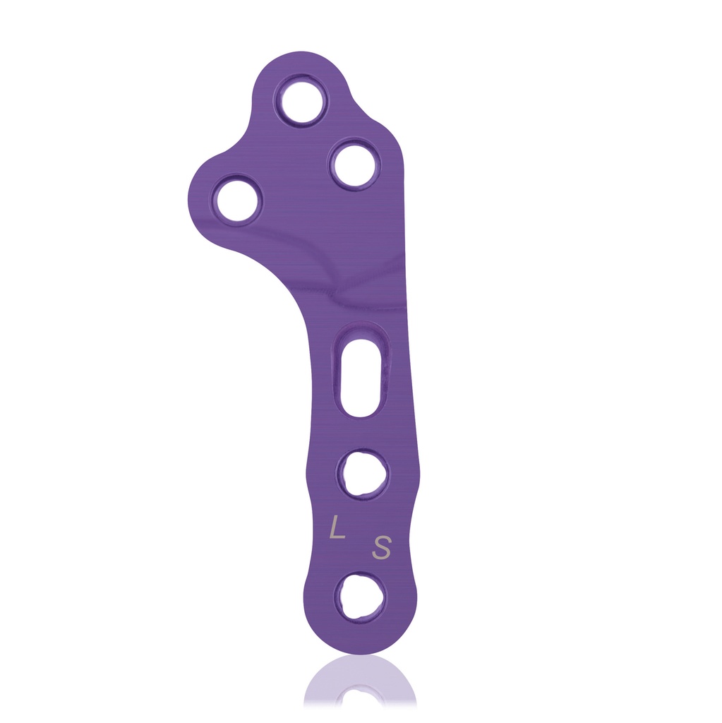 EickLoxx TPLO bal oldali S zárólemez, 3/3 lyuk, 39 mm, Ø 1.7 / 2.3, titán, magenta