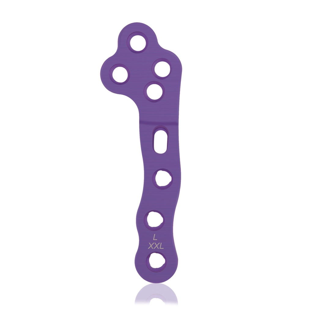 [187775] Placa de bloqueo EickLoxx TPLO XXL, izquierda, 4/4 orificios, 74 mm Ø2,7/3,5, magenta, titanio