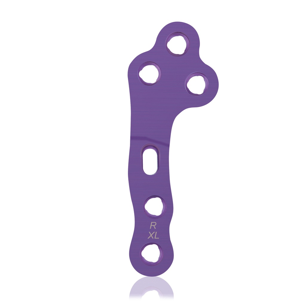 [187764] Placa de bloqueo EickLoxx TPLO XL, derecha, 3/3 orificios, 64 mm Ø2,7/3,5, magenta, titanio