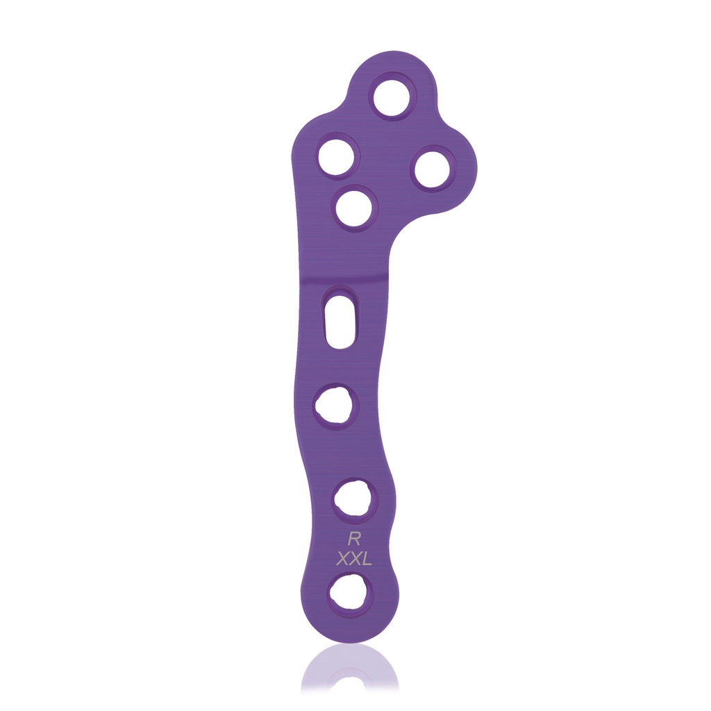 [187765] Placca di bloccaggio EickLoxx TPLO, XXL, (Ø2.7/3.5mm), Destra, 4/4 fori, Titanio, Magenta, L74 mm