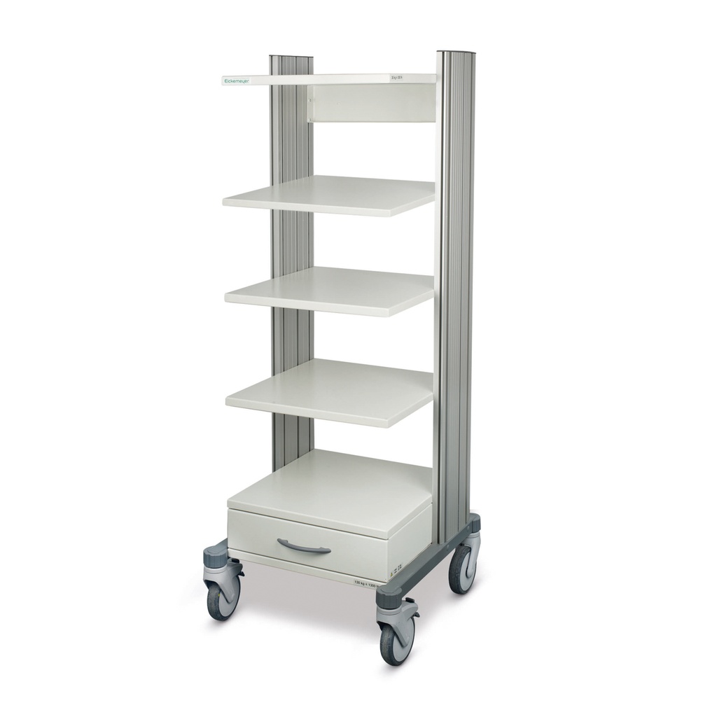 [306150] Chariot d'endoscopie/équipement, H = 139,5 cm, L = 60 cm, 4 roulettes, 4 étagères, 1 tiroir, 2 colonnes d'alimentation, couleur standard : blanc/gris