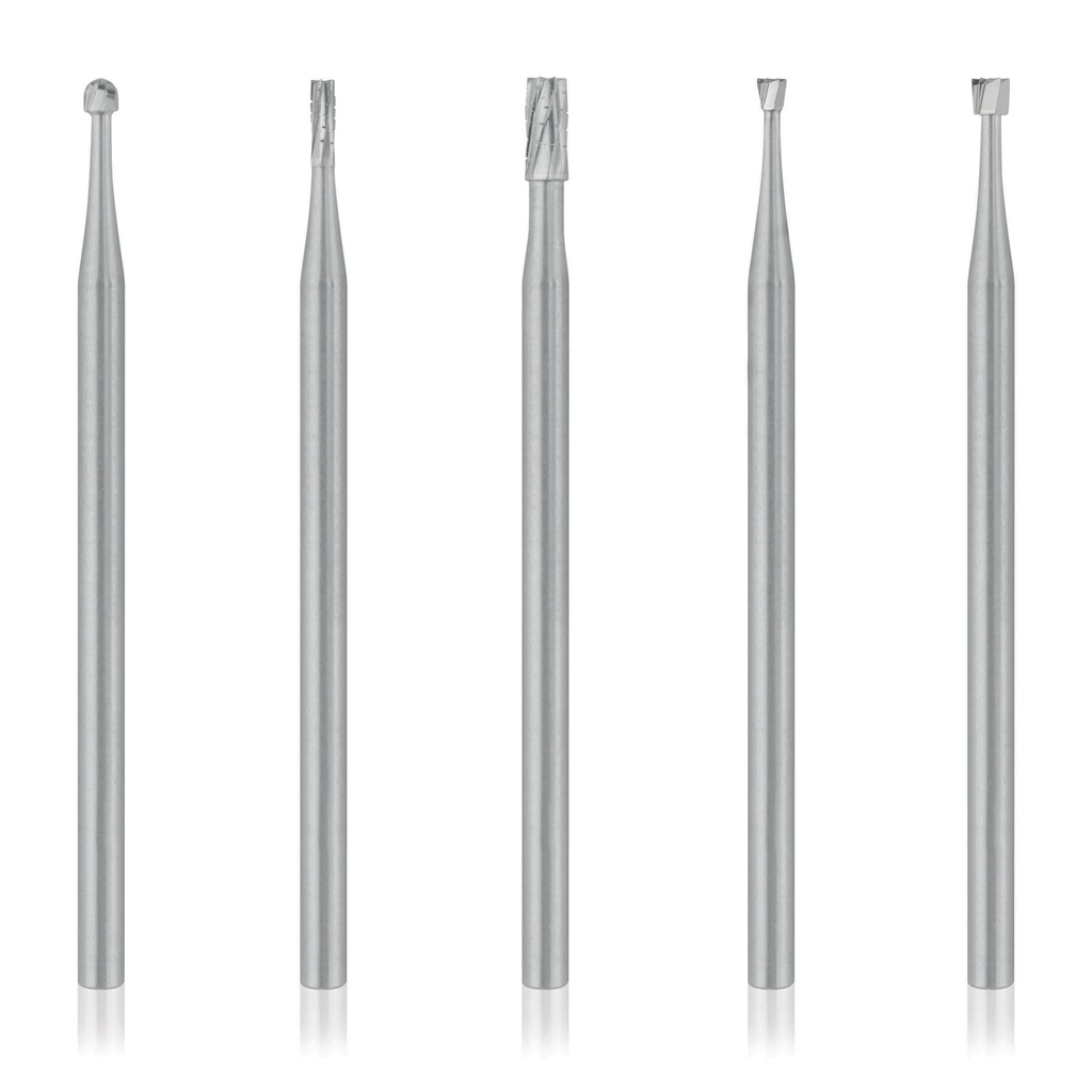 Carbide drill set for handpiece attachment consisting of rose bur size 18, conical bur size 14+23, conical bur size 12+21