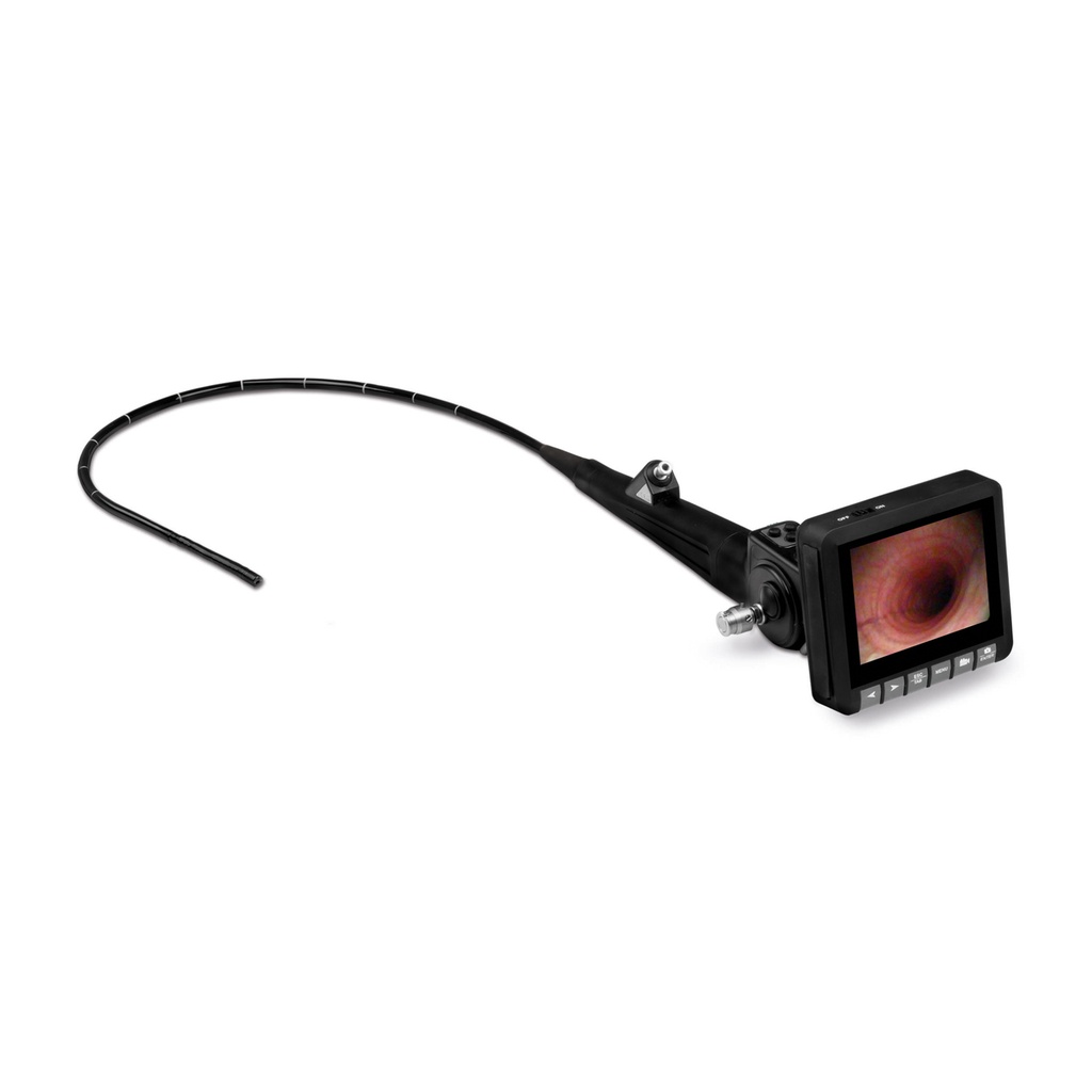 Endoscope vidéo LED Eickview 60, diamètre extérieur = 4,2 mm, diamètre du canal de travail = 1,3 mm, longueur = 60 cm, angle de vision 90°, profondeur de champ 5-60 mm, direction de vision 0°, déflexions 130° vers le haut, 130° vers le bas, avec source lumineuse LED intégrée, avec écran 3,5" amovible (autonomie de 3 heures sur batterie) pour l'enregistrement et l'archivage d'images et de vidéos sur carte SD, avec options d'aspiration et de rinçage