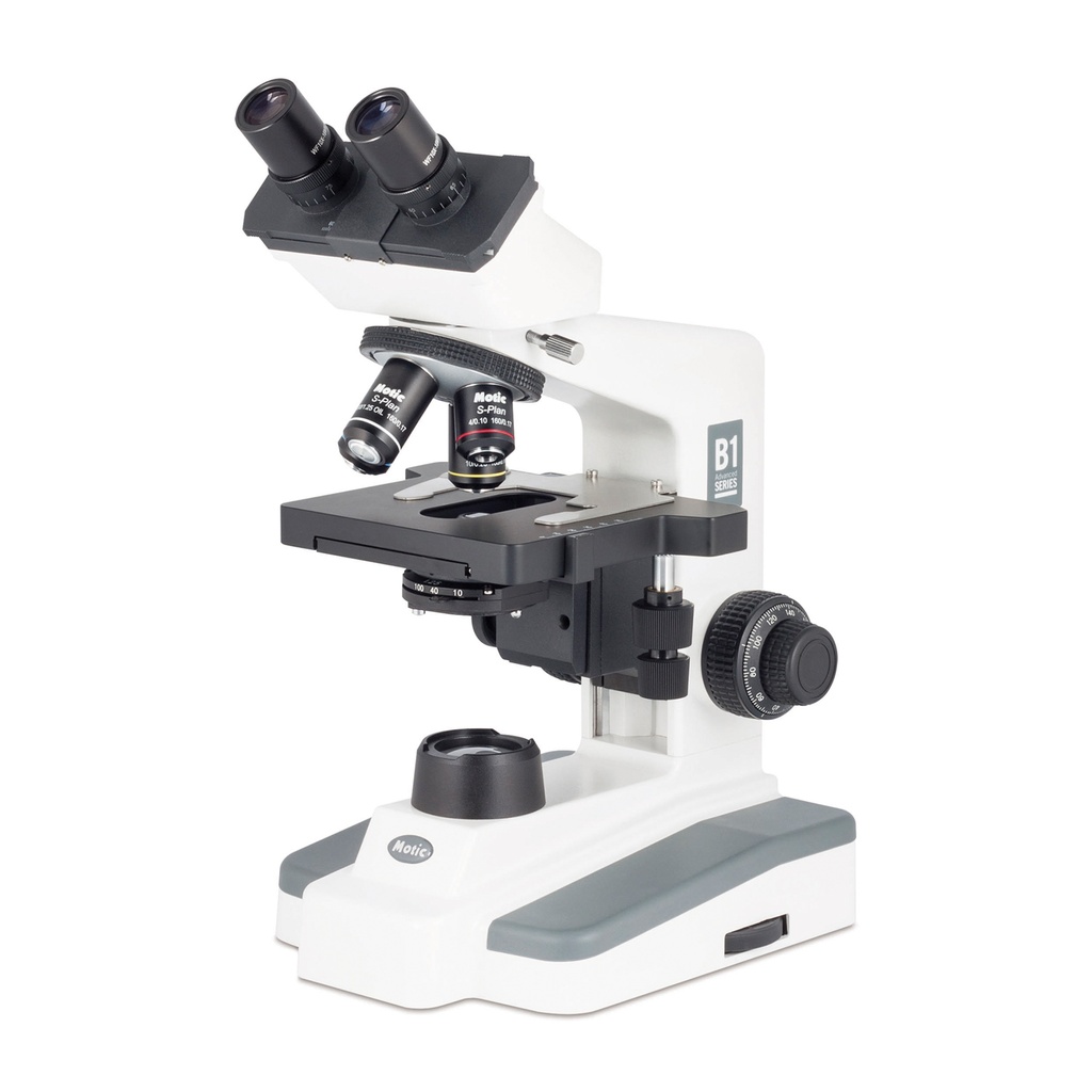 [710003] Microscopio Motic B1 Elite, binocular, oculares WF10x18 mm, objetivos SP 4X/0,10, 10X/0,25, 40X/0,65, 100X/1,25, iluminación LED, objetivos semiplanos mejorados, platina sin dientes, acabado blanco