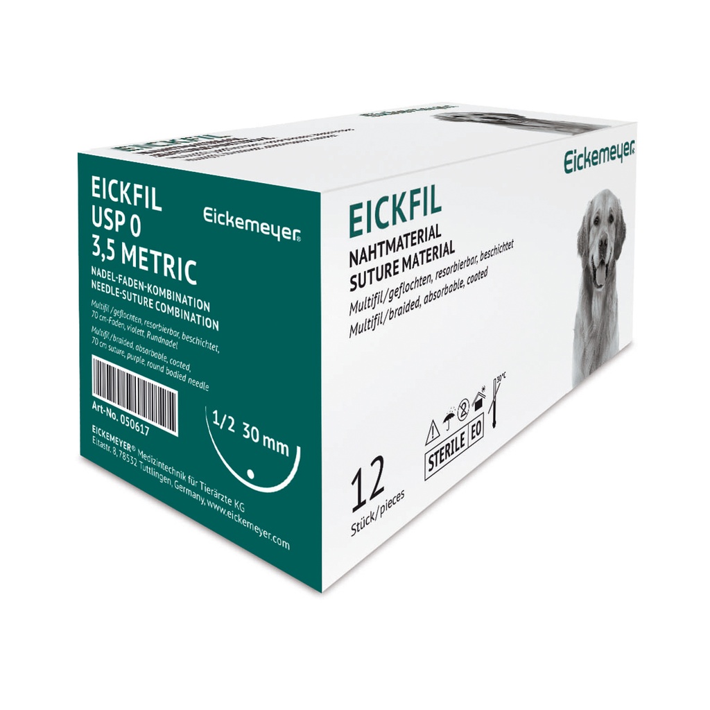 [050617] Suture material EICKFIL, absorbable, synth., surgical needle round 30 mm, 0 (3,5) 70cm, package of 12 pieces