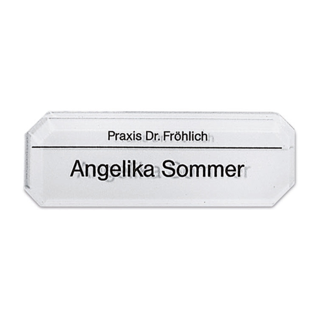 Badge p. nom en plexiglas, 2 lignes, 75 x 25 mm, 8 coins, écriture TIMES