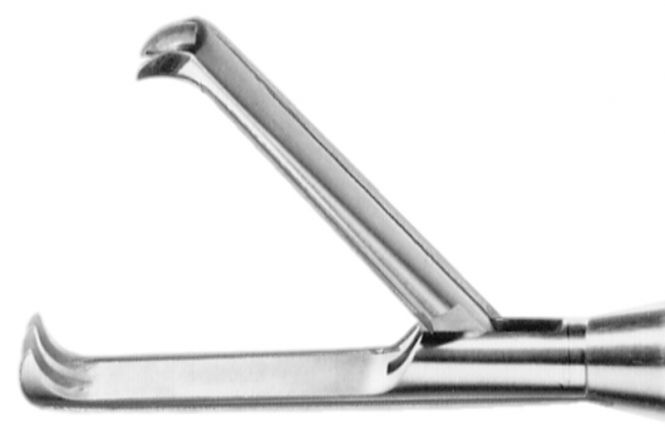 Pinza de agarre con garras, giratoria, 3+2 dientes, conexión para coagulación unipolar, Ø = 10 mm, L = 45 cm, mango de plástico, con trinquete.