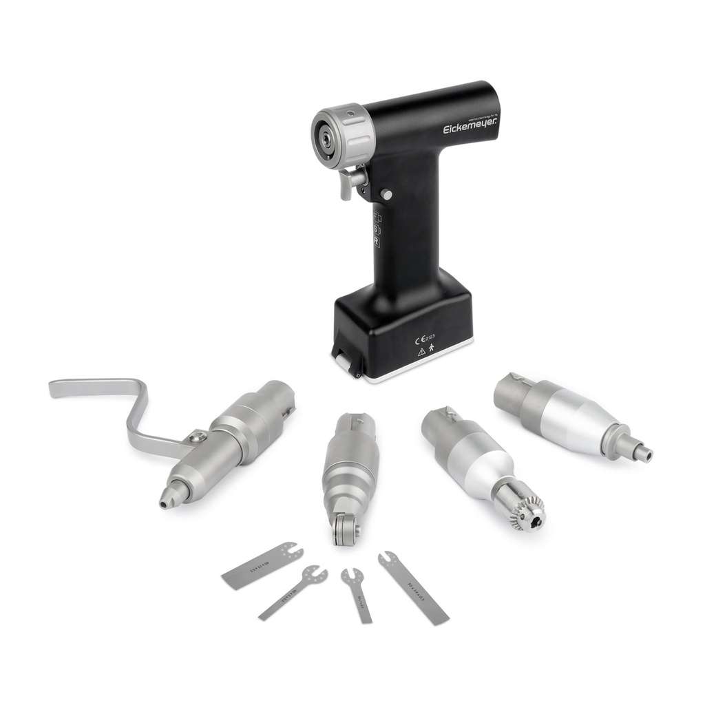 Perceuse sans fil OrthoVet PRO : 4 accessoires : mandrin de perçage Jacobs, mandrin sans clé AO, scie oscillante, mandrin sans clé pour fils KIRSCHNER, y compris 2 batteries au lithium avec chargeur, mallette de transport, perforée longitudinalement, autoclavable, 2x entonnoirs pour pièce à main OrthoVet PRO, 4x lames de scie pour OrthoVet PRO/OrthoVet PLUS