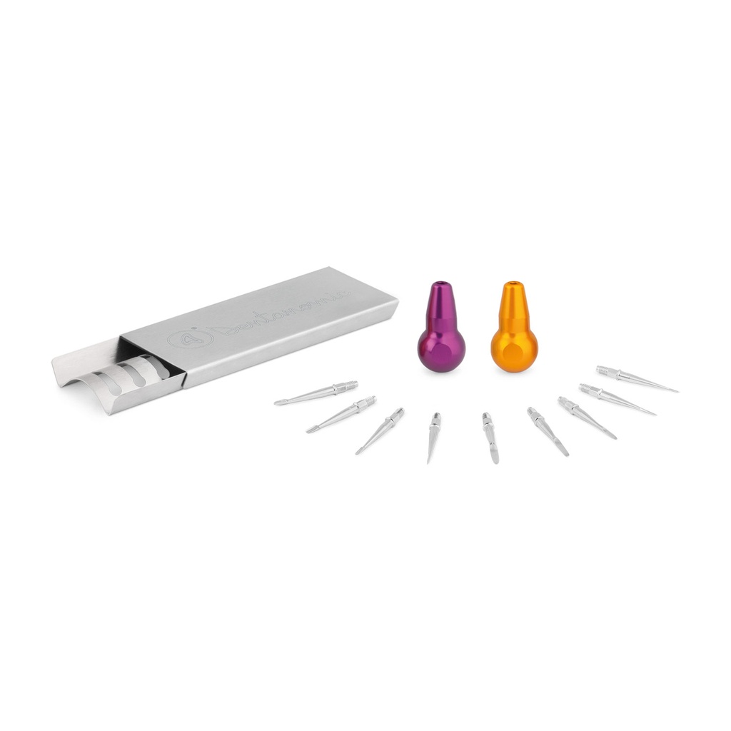 [175050] DENTANOMIC - Set completo de bronce, compuesto por 2 mangos estándar (morado y naranja) + set de elevador y láminas luxadoras (9 piezas) + estante de almacenamiento