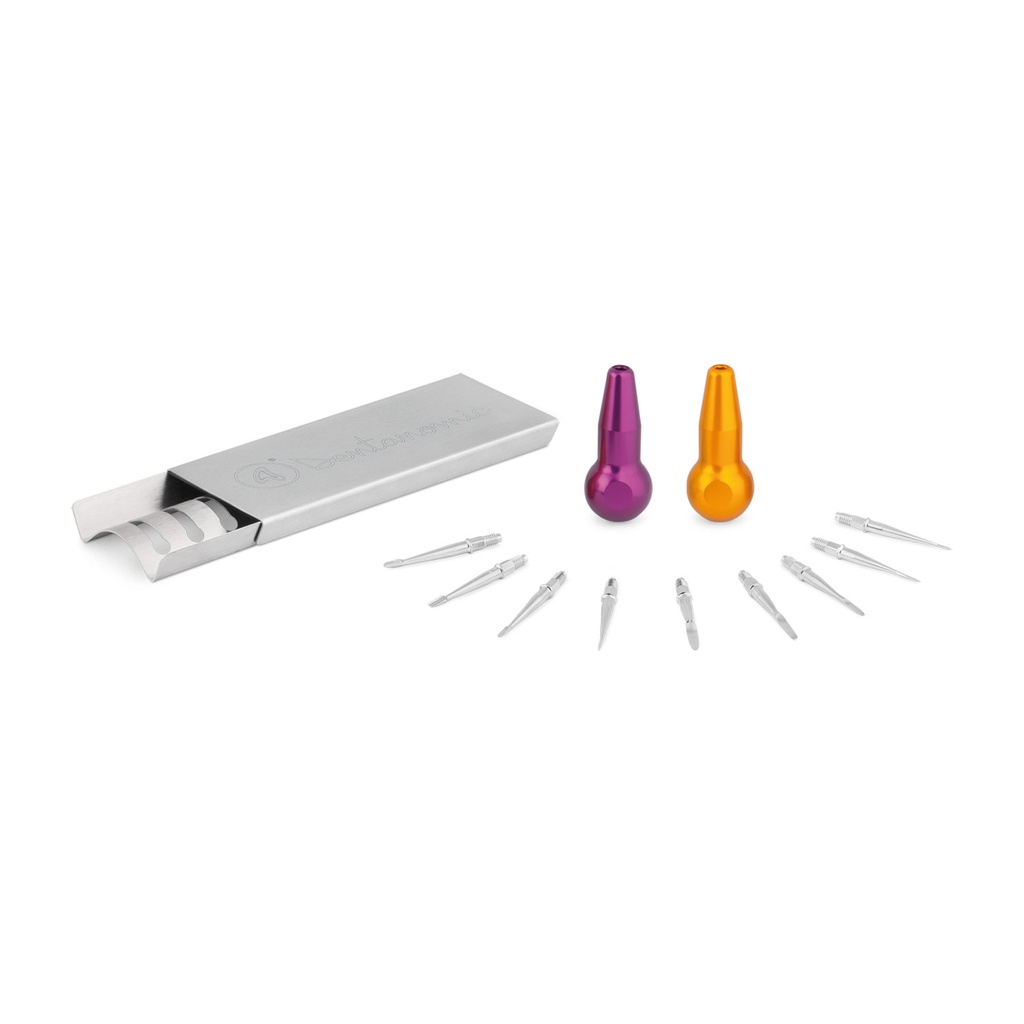 [175051] DENTANOMIC Set – Bronze, consisting of 2 long handles (purple and orange) + elevator and luxator blade set (9 pieces) + storage rack