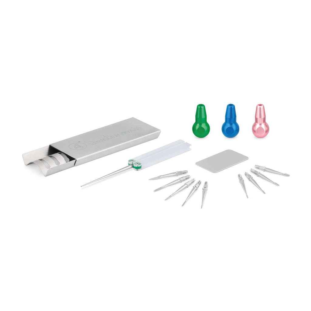 [175060] DENTANOMIC Set – silver, consisting of 3 short handles (green, blue, and pink)+ elevator and luxator blade set (9 pieces) + storage rack + honing kit