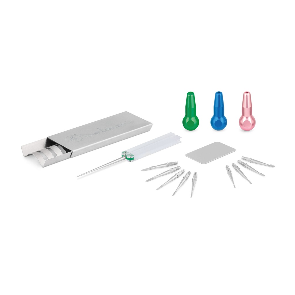 KIT DENTANOMIC – Plateado, compuesto por 3 mangos largos (verde, azul y rosa) + set de hojas elevadoras y luxadoras (9 piezas) + soporte de almacenamiento + set de pulido