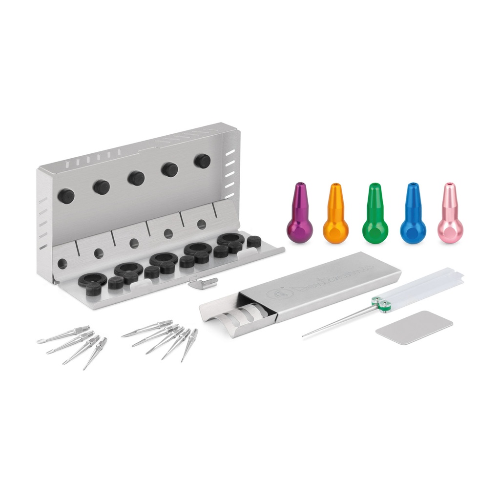 DENTANOMIC Kit – Dorado, compuesto por 5 mangos largos (morado, naranja, verde, azul y rosa) + set de hojas elevadoras y luxadoras (9 piezas) + gradilla de almacenamiento + set de pulido + contenedor de esterilización