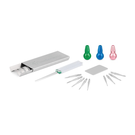 [175060] DENTANOMIC jeu – Argent, composé de 3 manches standards (vert, bleu et rose) + jeu de lames d'élévateur et de luxateur (9 pièces) + support de rangement + kit de meulage