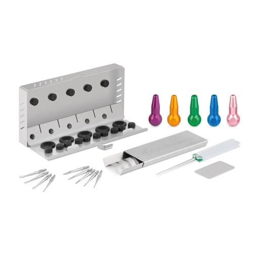 [175071] DENTANOMIC Kit – Dorado, compuesto por 5 mangos largos (morado, naranja, verde, azul y rosa) + set de hojas elevadoras y luxadoras (9 piezas) + gradilla de almacenamiento + set de pulido + contenedor de esterilización